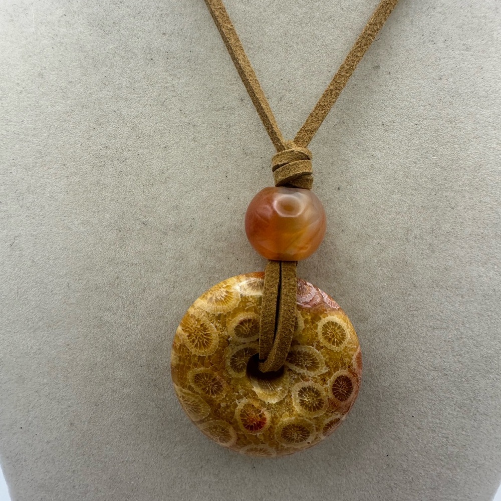 Brown and Tan Coral Fossil Donut Pendant Necklace on Brown Faux Suede - Picture 8 of 13